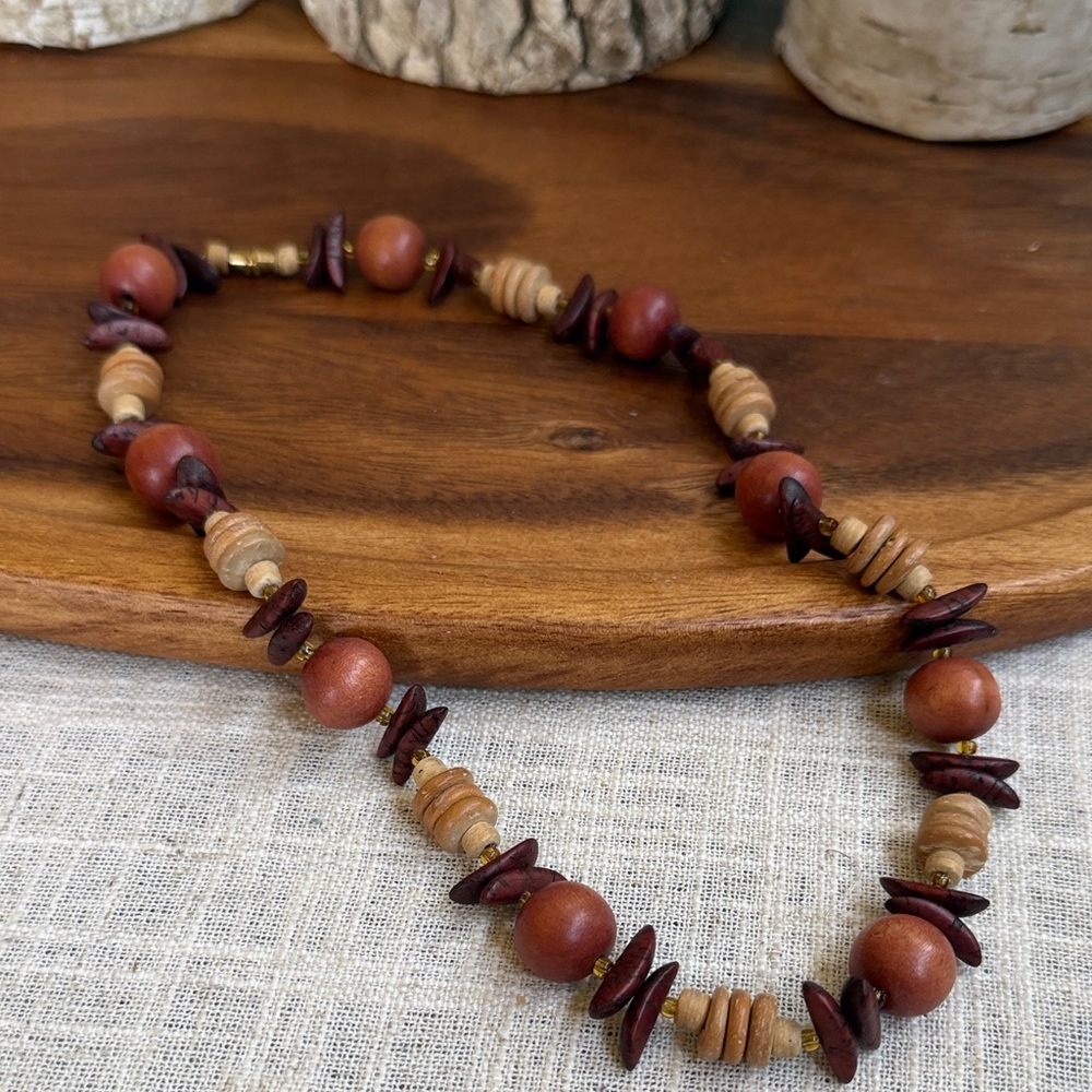 Vintage Wood Bead Necklace 19” Earth Tone Boho Earthy Naturecore Natural